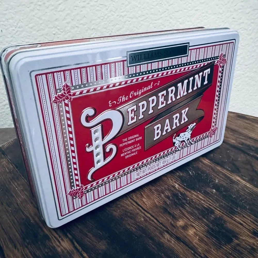 Williams Sonoma Peppermint Bark Holiday Dog Tin Storage Container